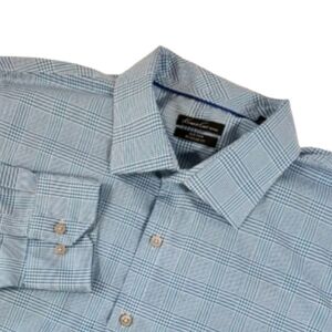 KENNETH Cole Men's Button Up Shirt Size 18 34/35 Blue White Check Long Sleeve